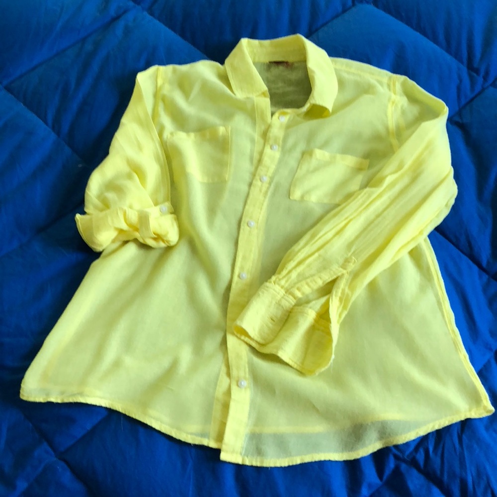 Women’s sheer yellow button down long sleeve shirt